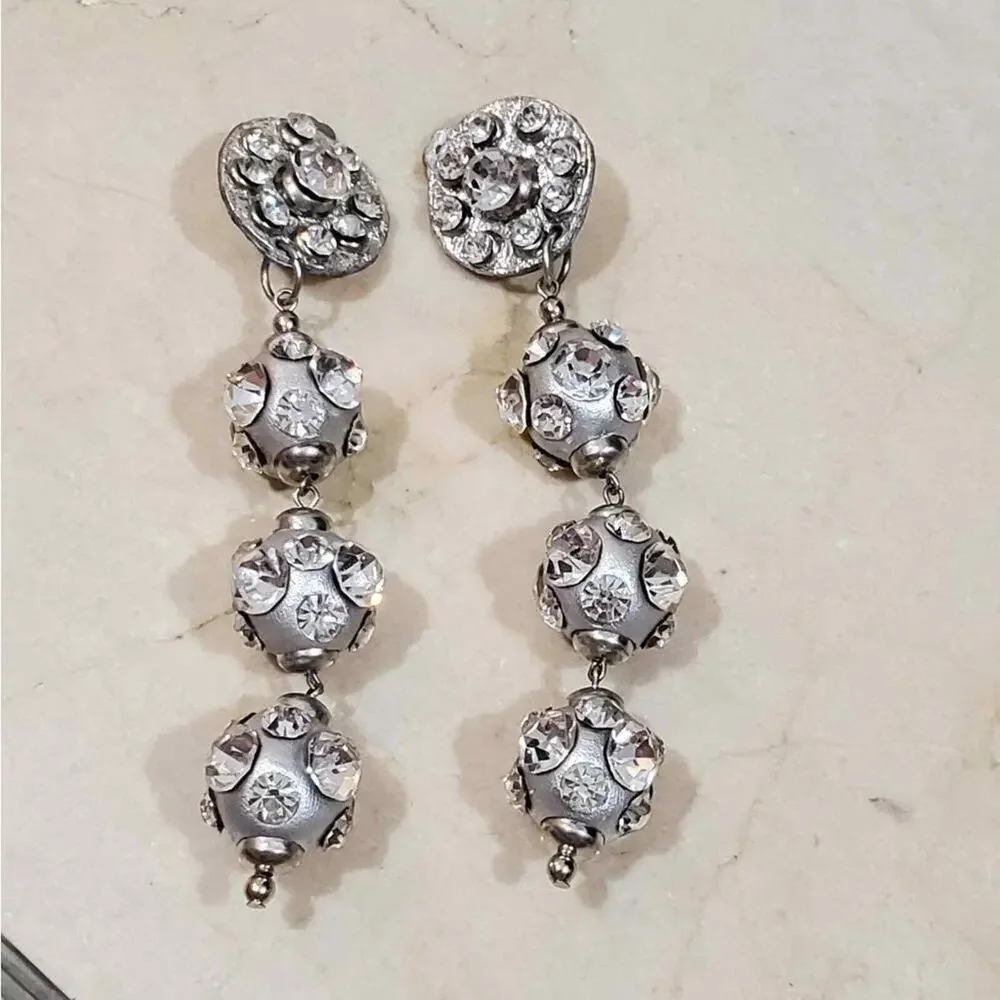 Vintage Style Silver Tone Crystal Tiered Sphere Clip On Drop Statement Earrings
